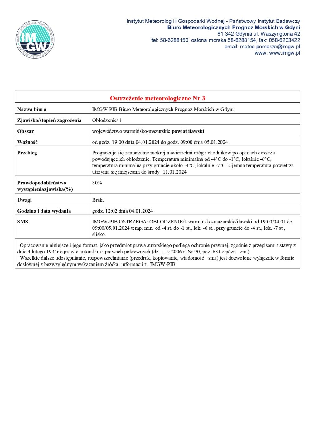 Ostrzeżenie meteorologiczne Nr 3