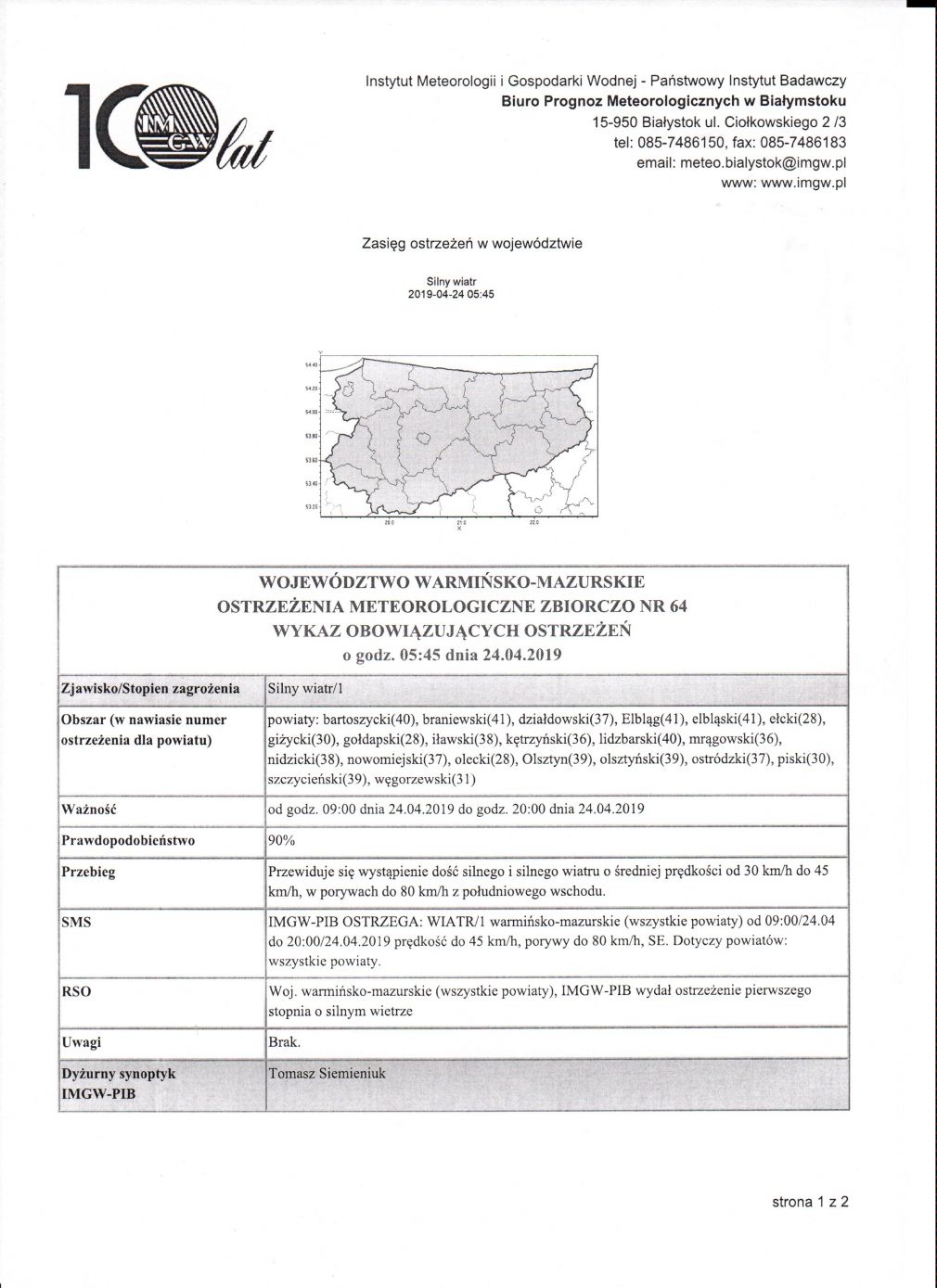 OSTRZEŻENIE METEOROLOGICZNE Nr 64 z dnia 24.04.2019r.