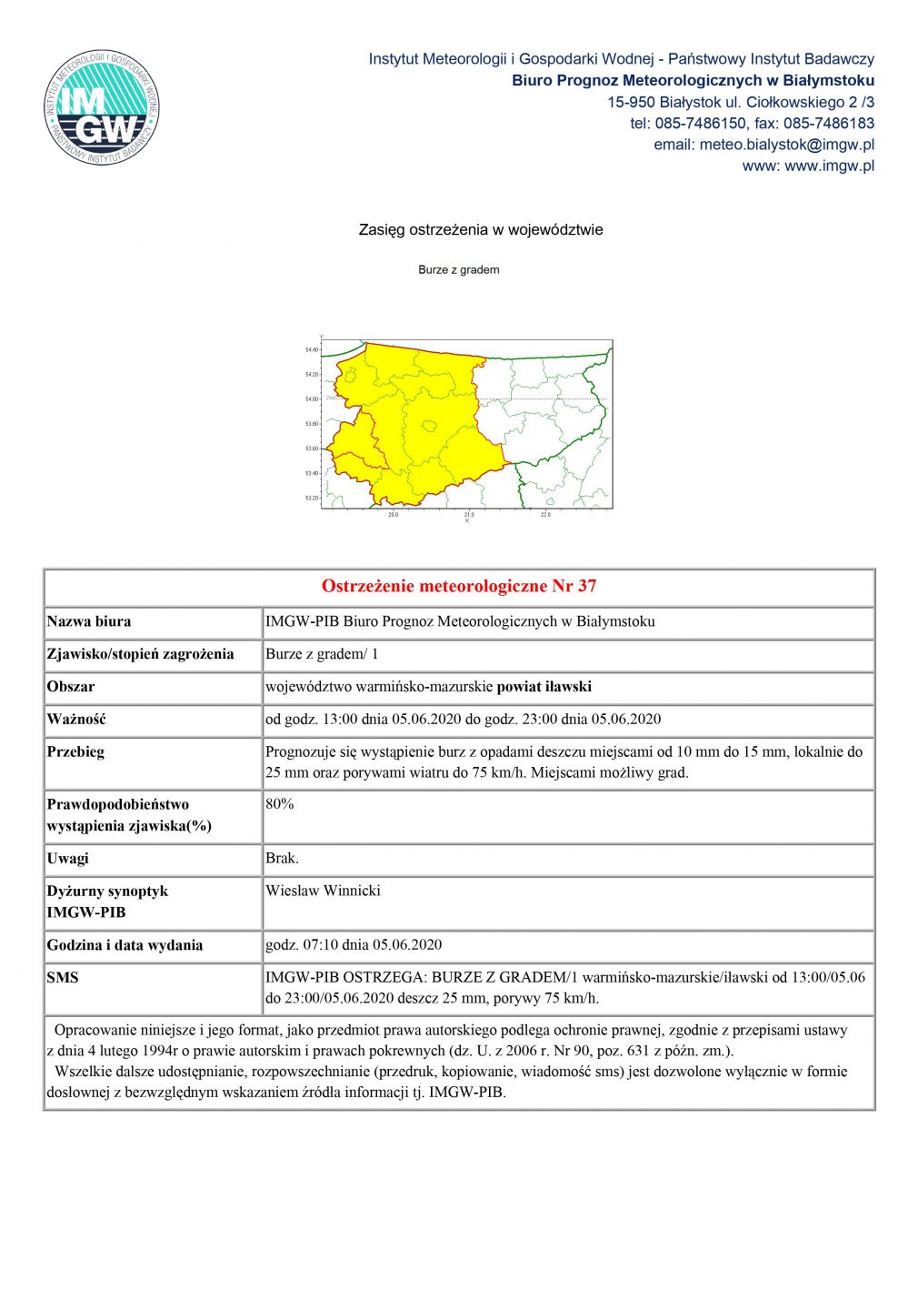 Ostrzeżenie meteorologiczne Nr 37