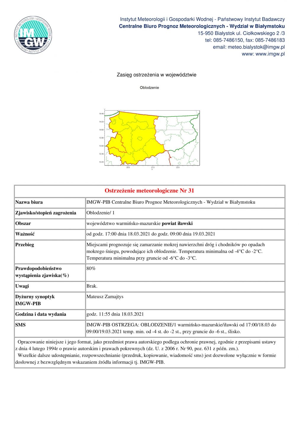 Ostrzeżenie meteorologiczne Nr 31