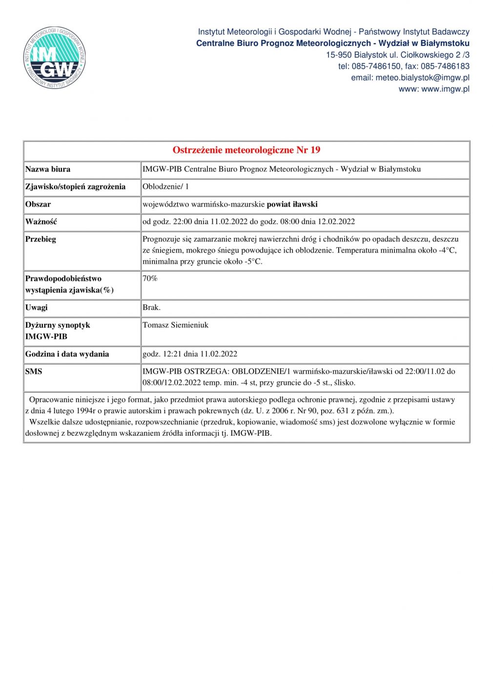 Ostrzeżenie meteorologiczne Nr 19