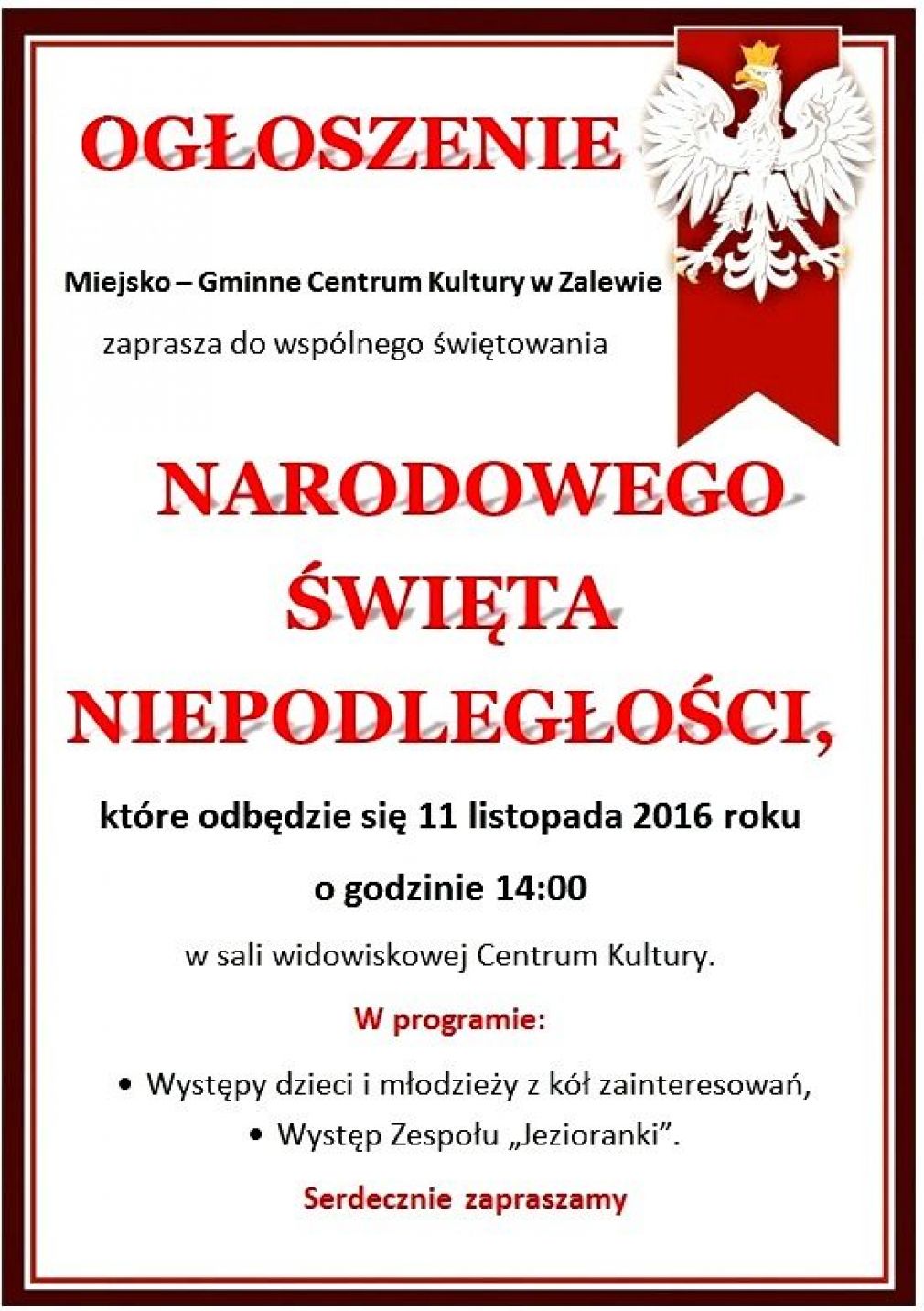 Obchody Święta Niepodległości w M-GCK w Zalewie