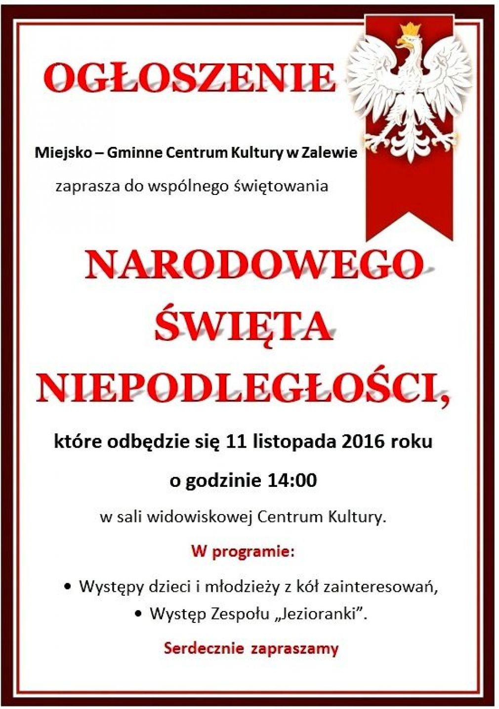 Obchody Święta Niepodległości w M-GCK w Zalewie