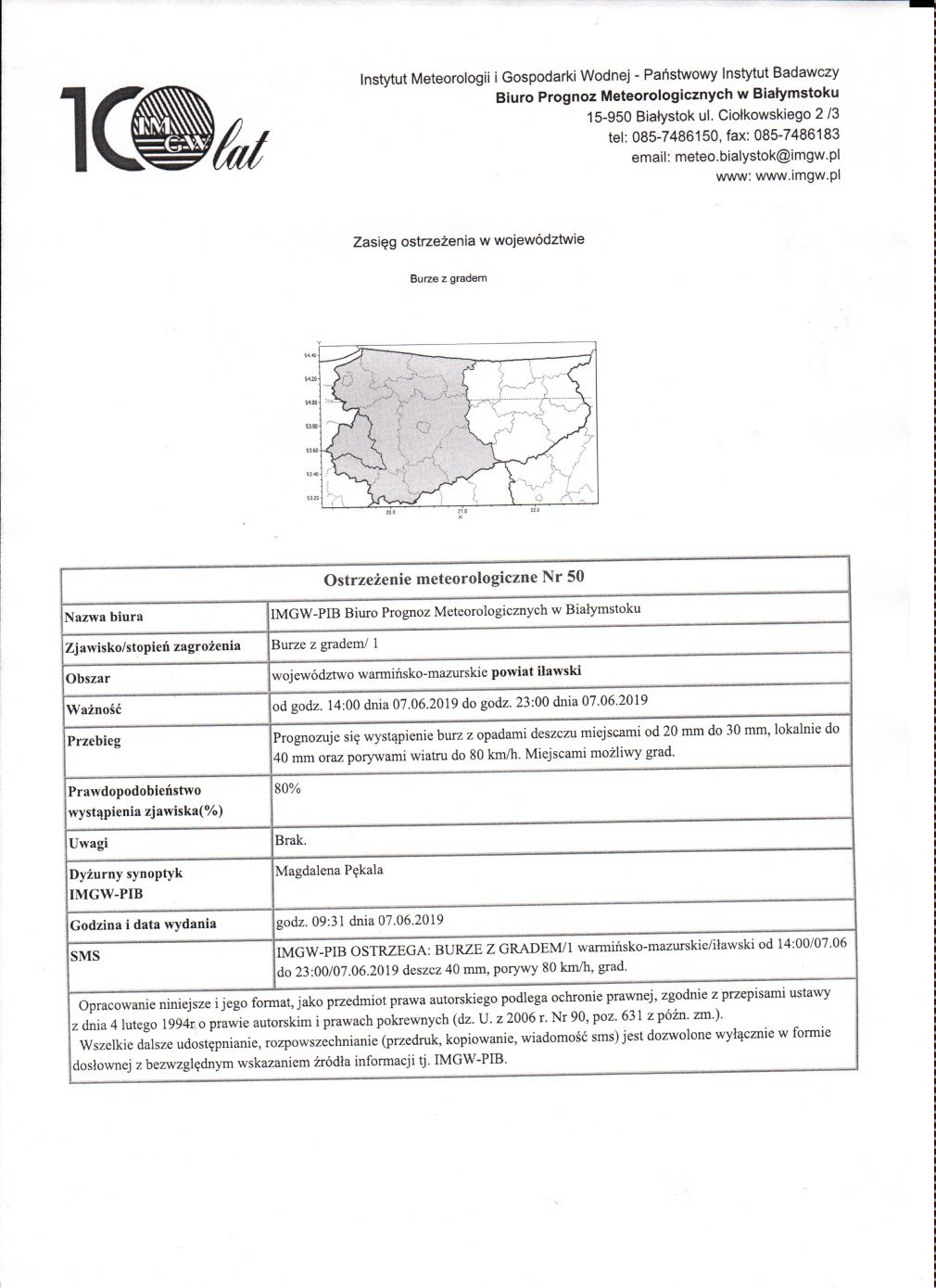 OSTRZEŻENIE METEOROLOGICZNE NR 50 z dnia 07.06.2019r.