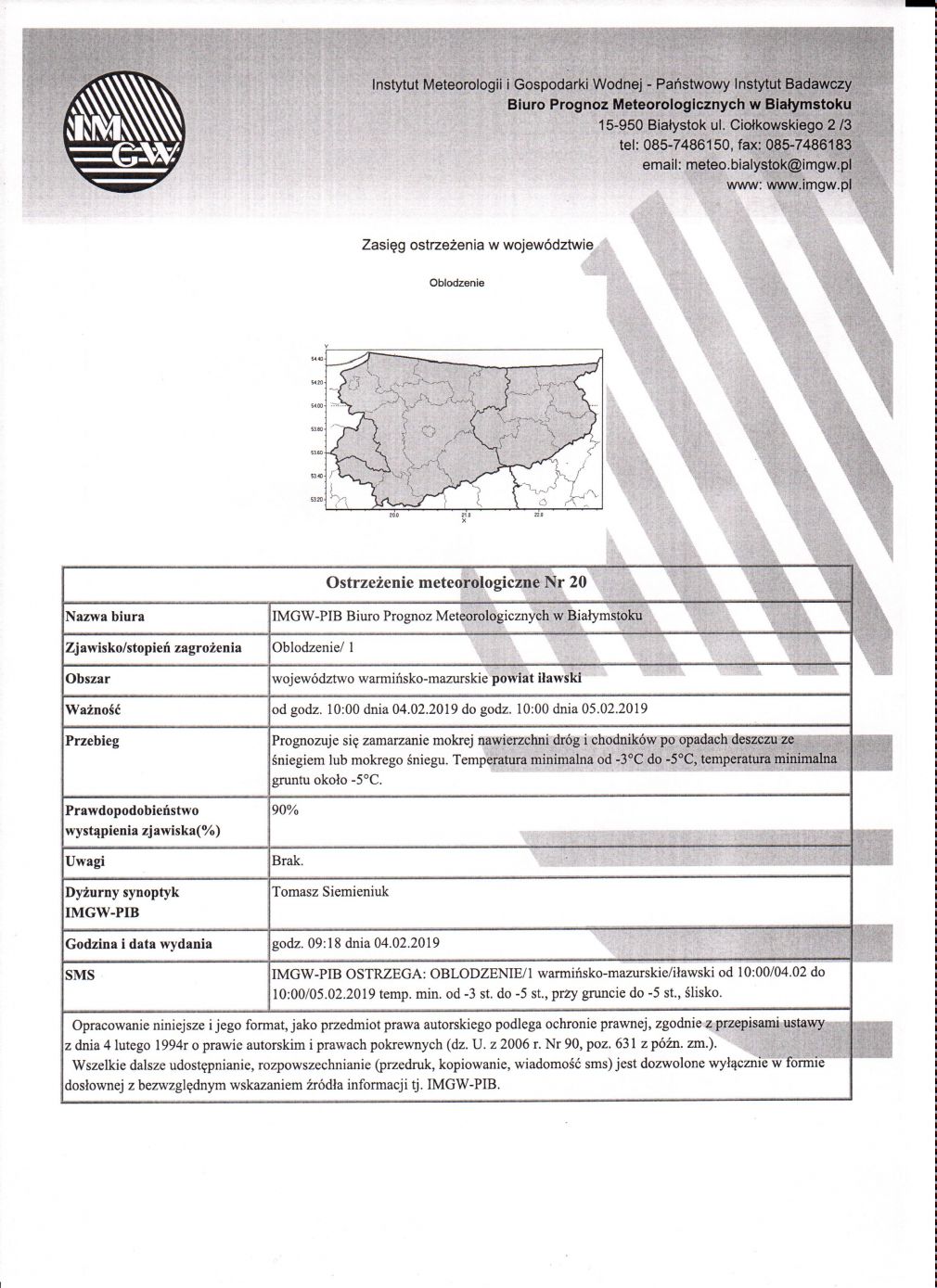 OSTRZEŻENIE METEOROLOGICZNE Nr 20