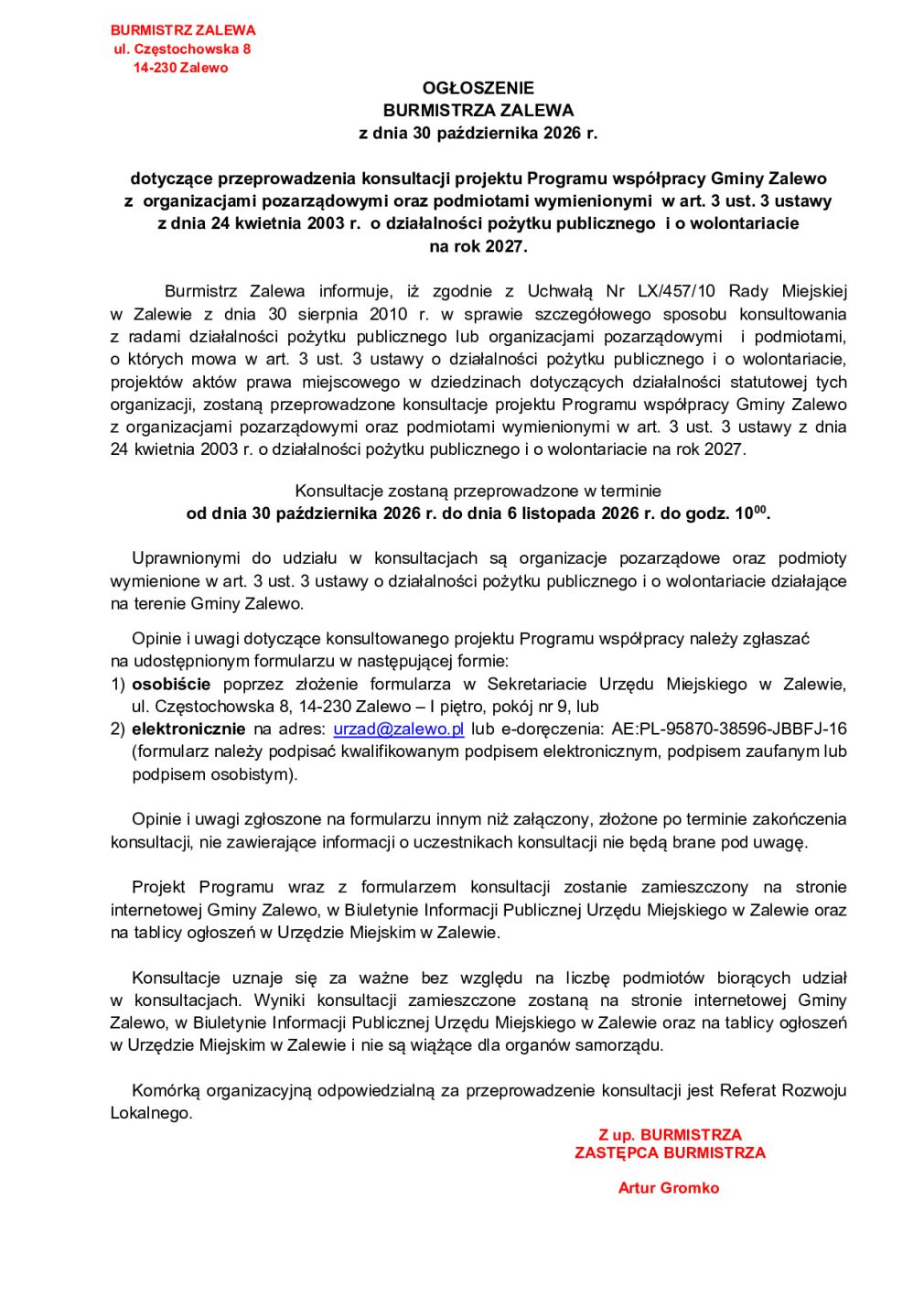 Ogłoszenie Burmistrza Zalewa w sprawie konsultacji Programu współpracy z organizacjami pozarządowymi na rok 2027