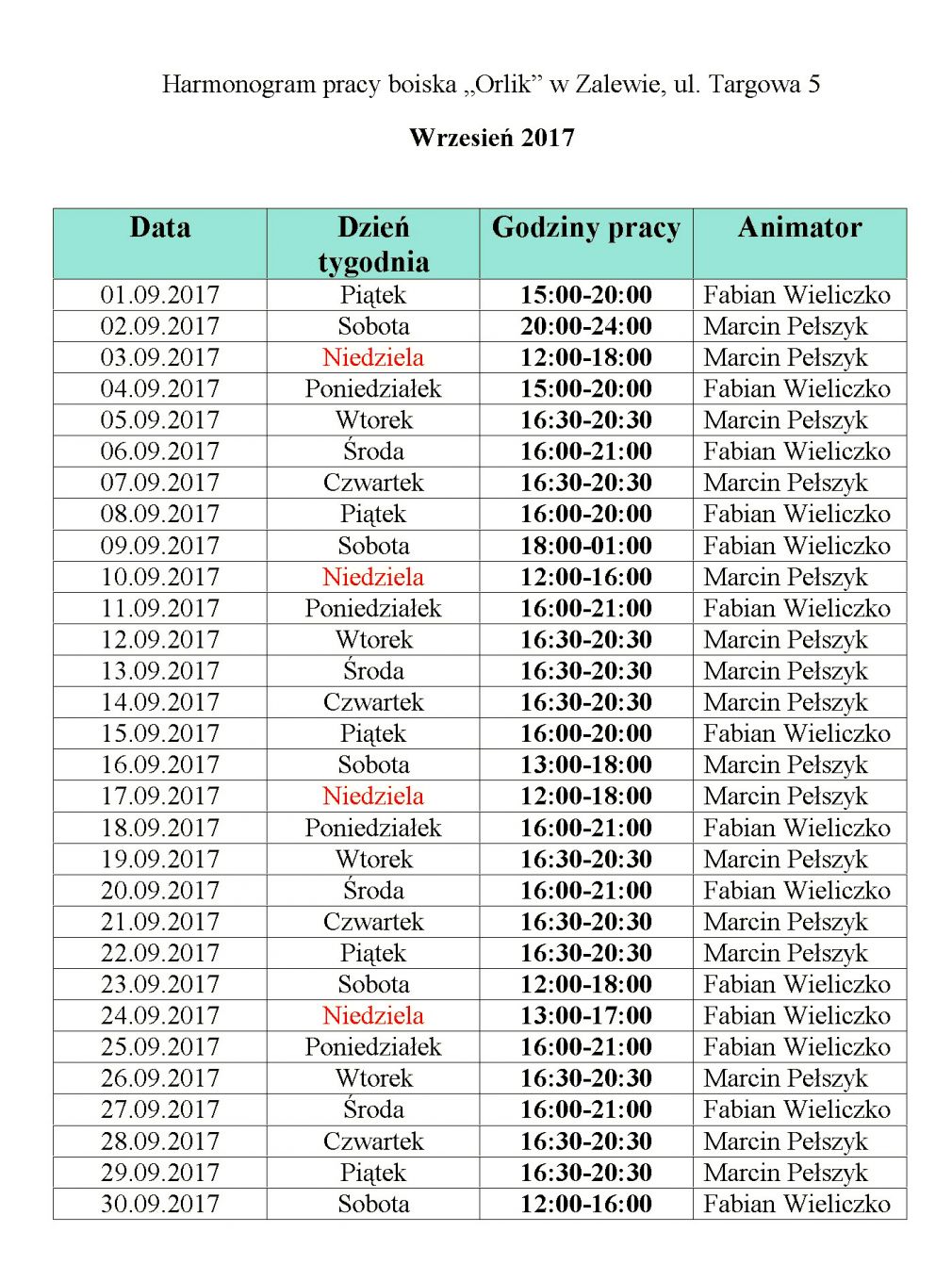 Harmonogram pracy Orlika w Zalewie - WRZESIEŃ 2017