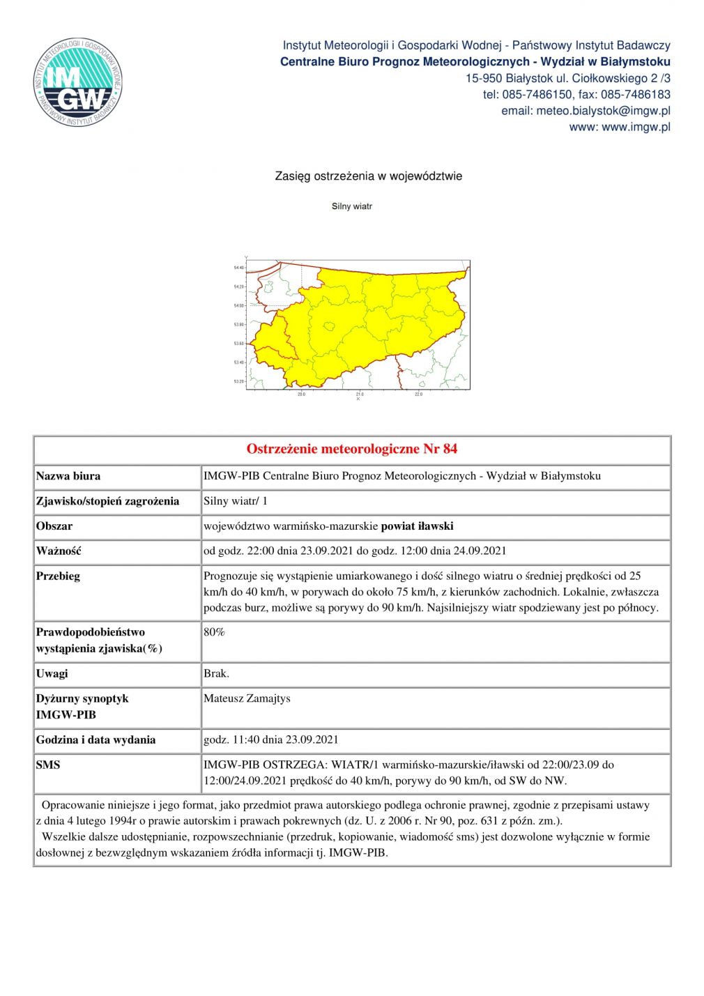 Ostrzeżenie meteorologiczne Nr 84