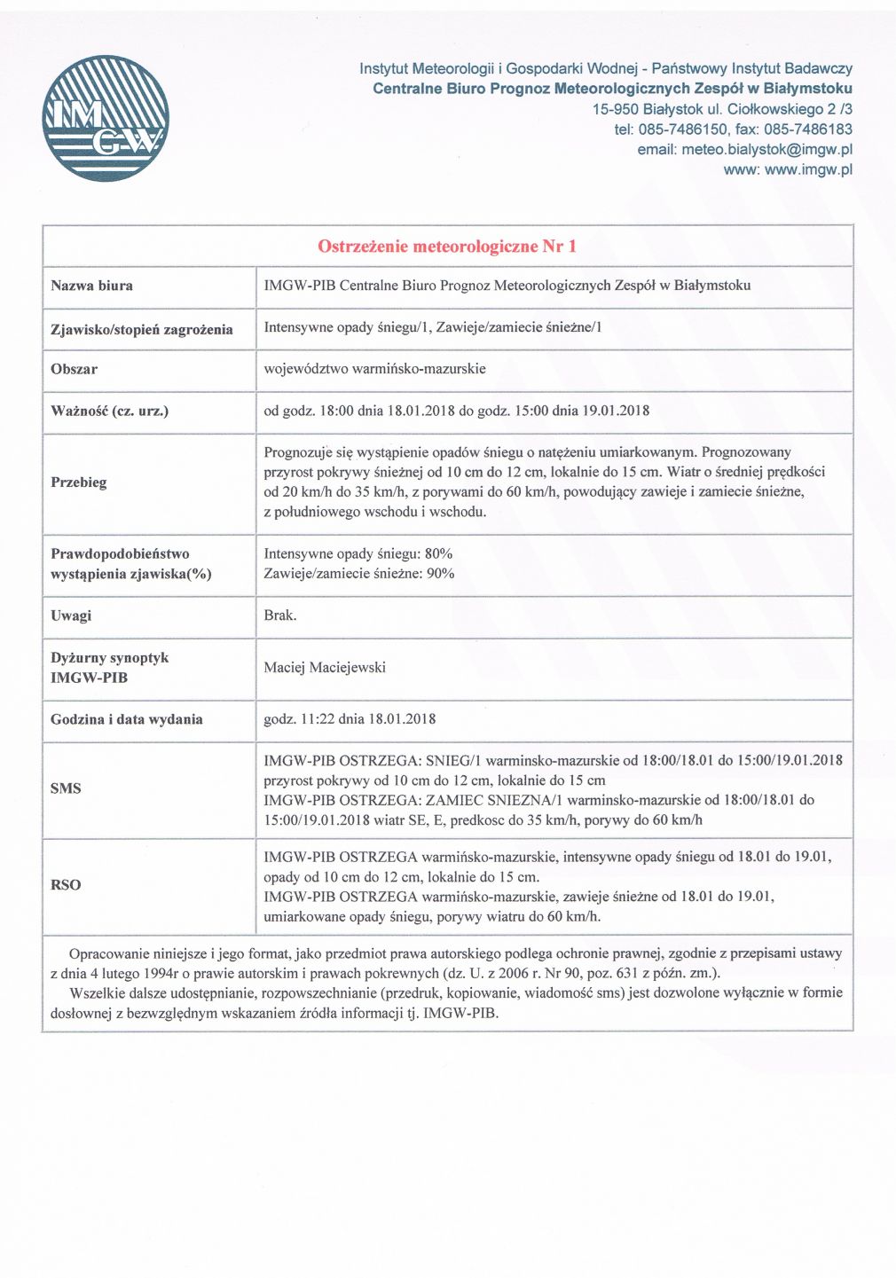 Ostrzeżenie meteorologiczne Nr 1