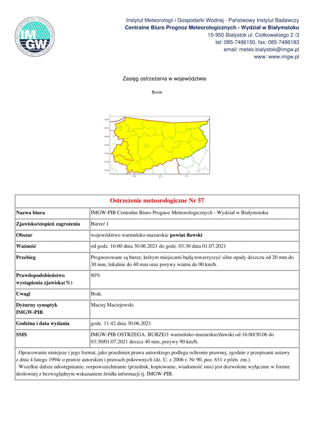 Ostrzeżenie meteorologiczne Nr 57