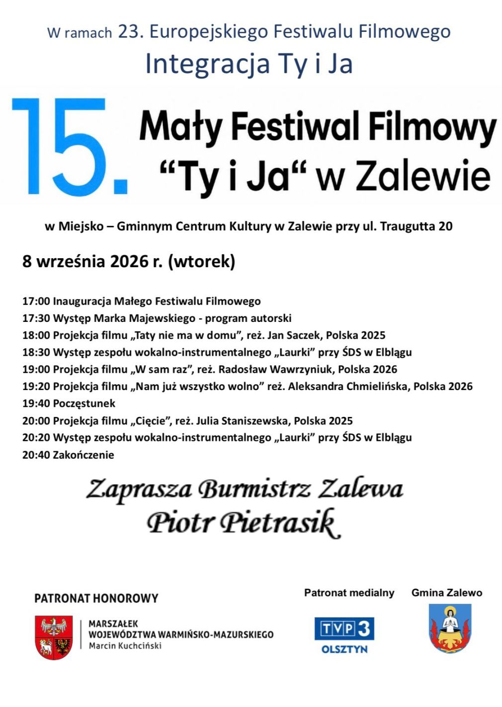 Zaproszenie na Mały Festiwal Filmowy "Ty i Ja" w Zalewie