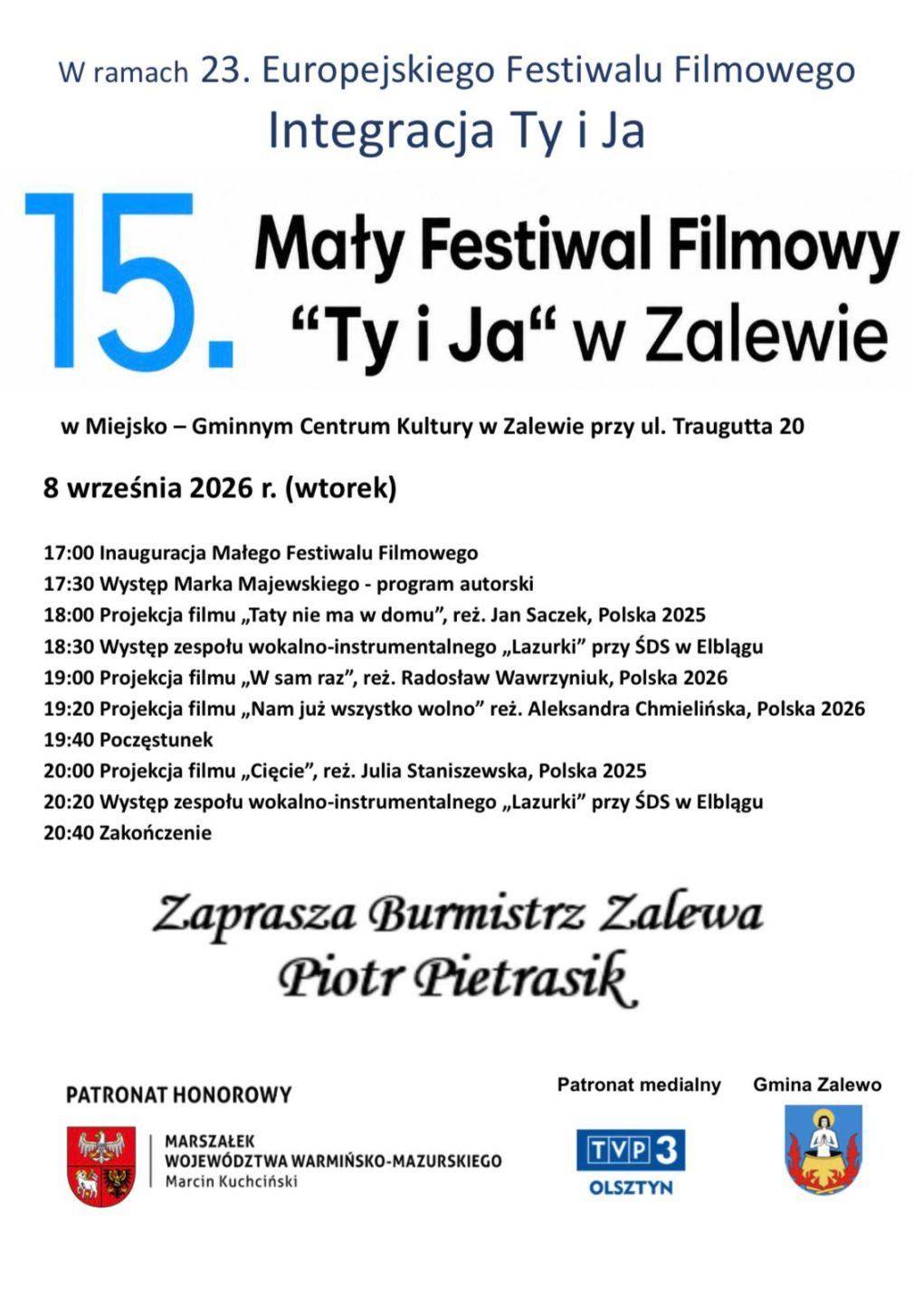 Zaproszenie na Mały Festiwal Filmowy "Ty i Ja" w Zalewie