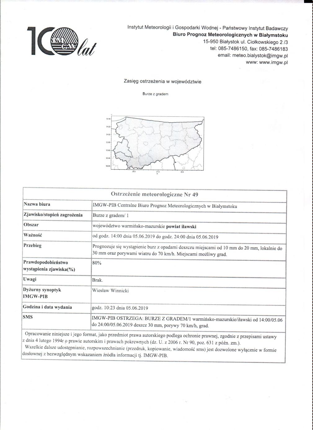 OSTRZEŻENIE METEOROLOGICZNE NR 49 z dnia 05.06.2019r.