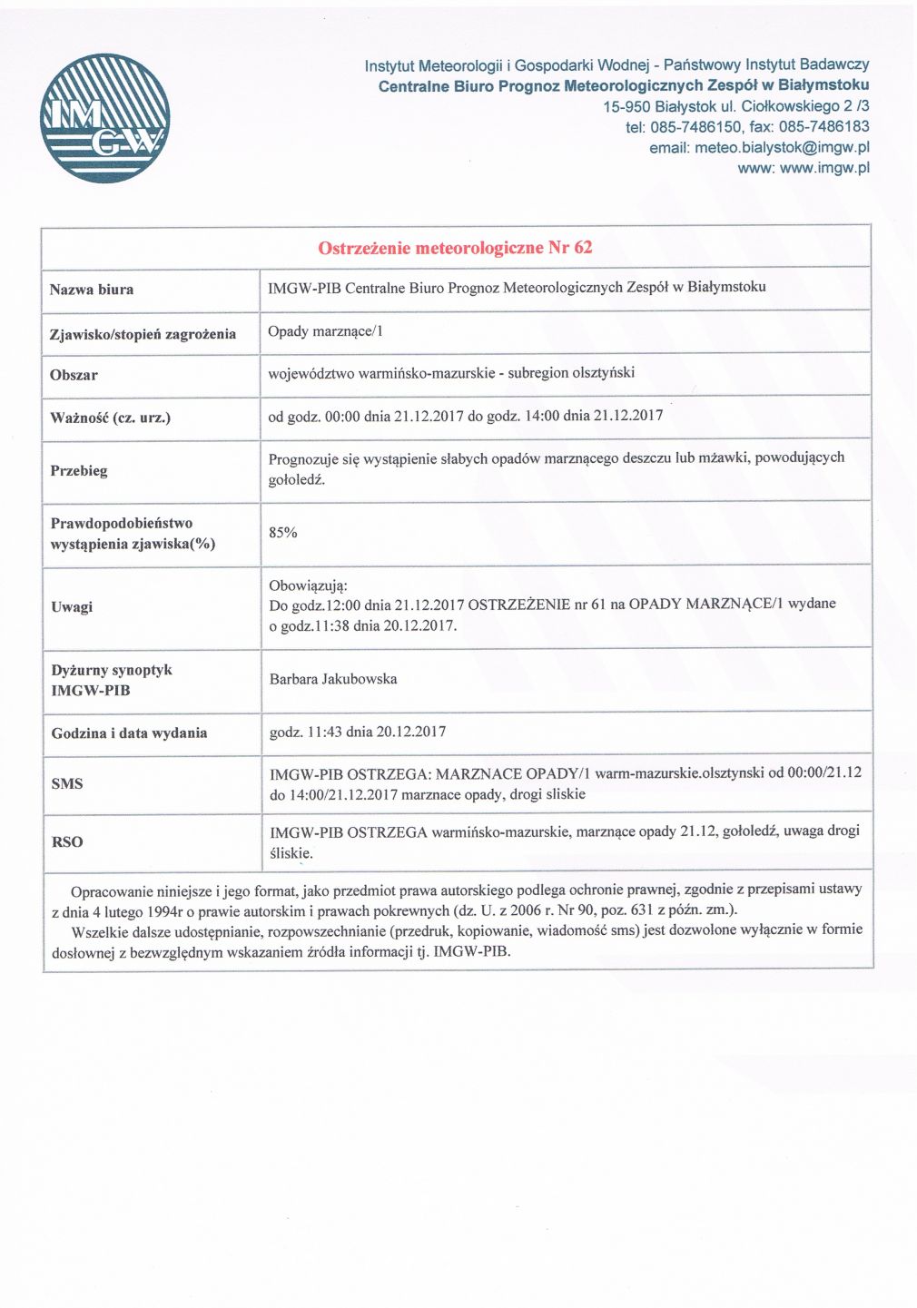 Ostrzeżenie meteorologiczne nr 62