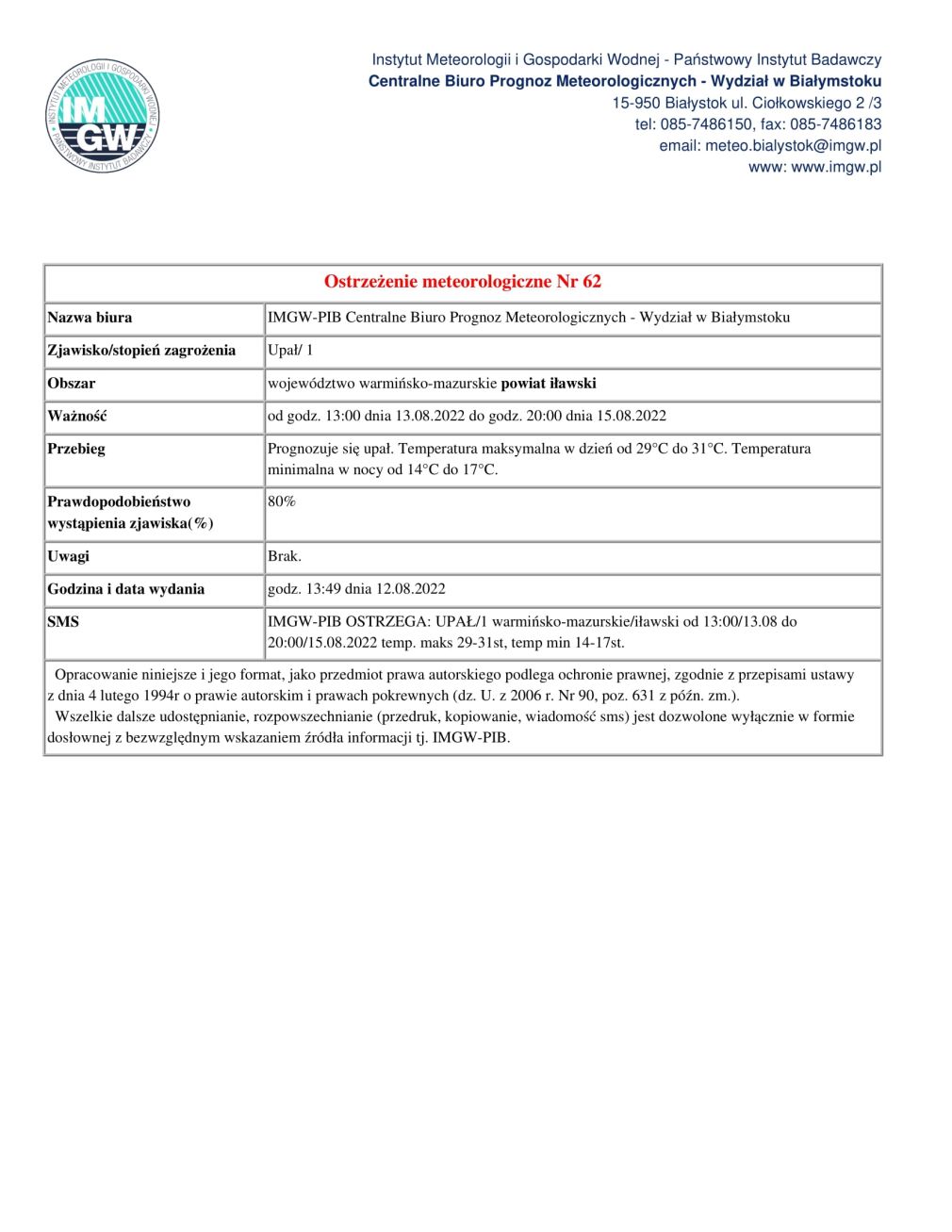 Ostrzeżenie meteorologiczne Nr 62