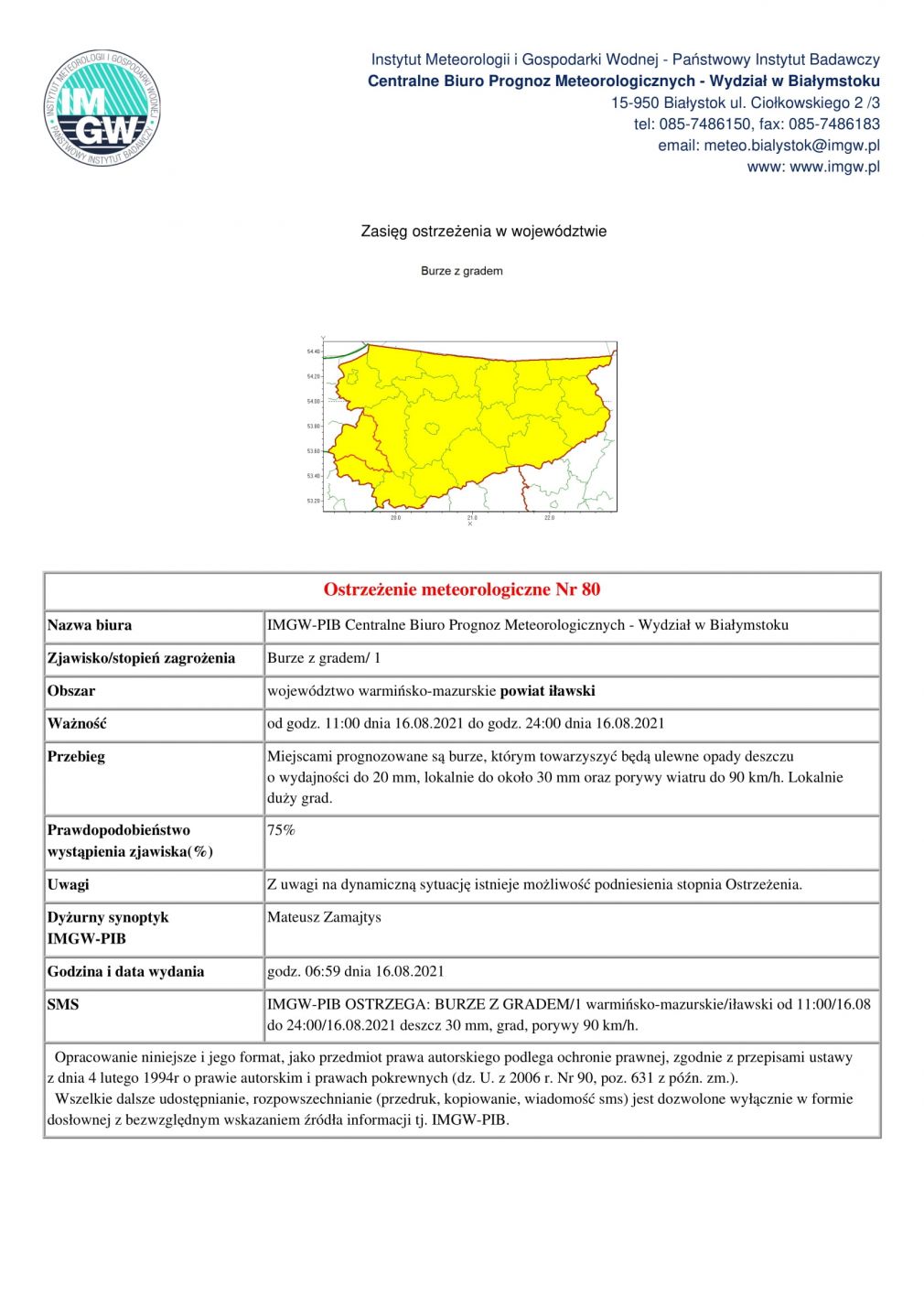 Ostrzeżenie meteorologiczne Nr 80