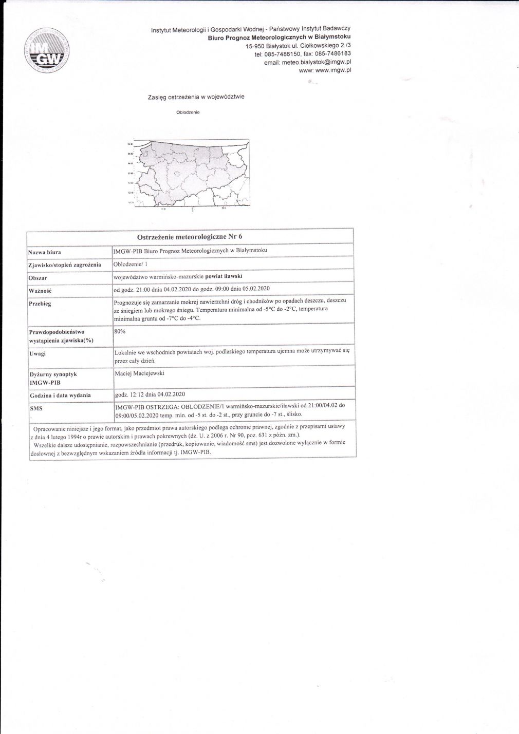 OSTRZEŻENIE METEOROLOGICZNE NR 6 z dnia 04.02.2020