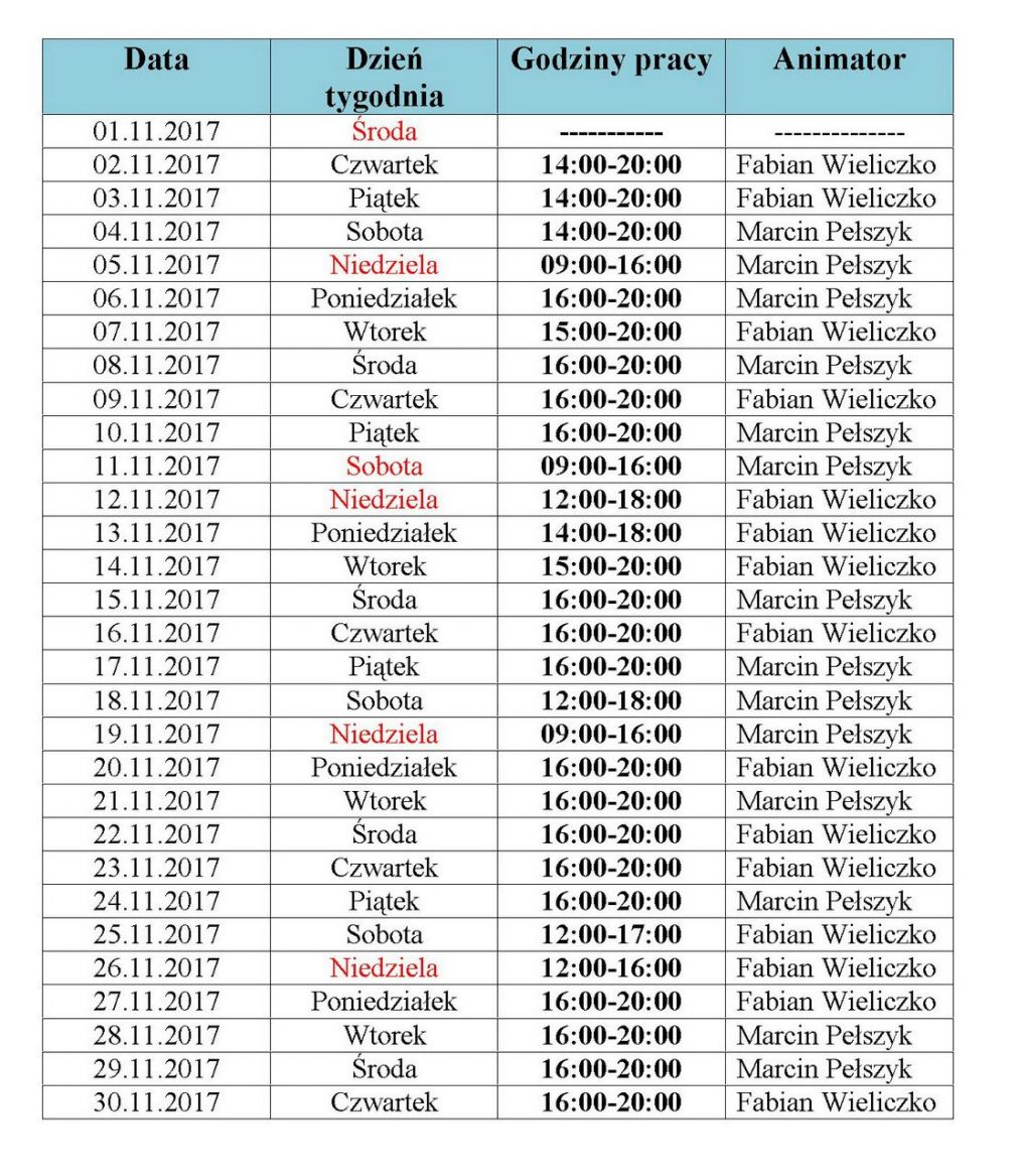 Harmonogram pracy Orlika w Zalewie - listopad 2017