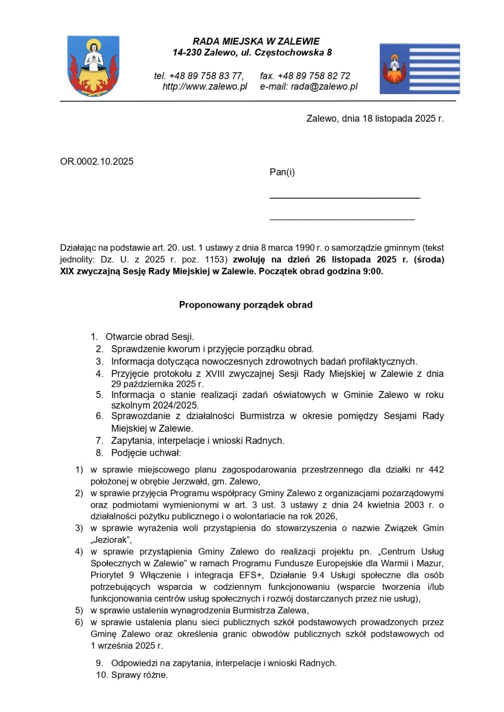 Zaproszenie na XIX zwyczajną Sesję Rady Miejskiej w Zalewie