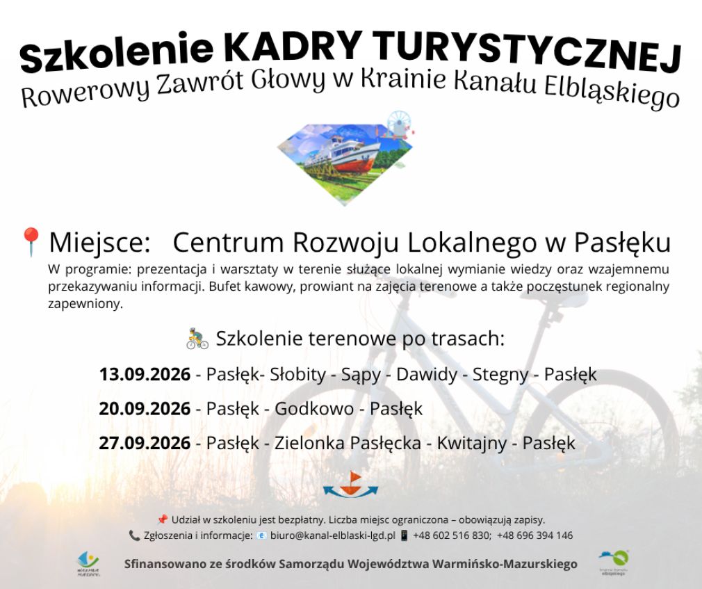Stowarzyszenie Łączy Nas Kanał Elbląski LGD zaprasza sympatyków turystyki do udziału w bezpłatnym cyklu szkoleń