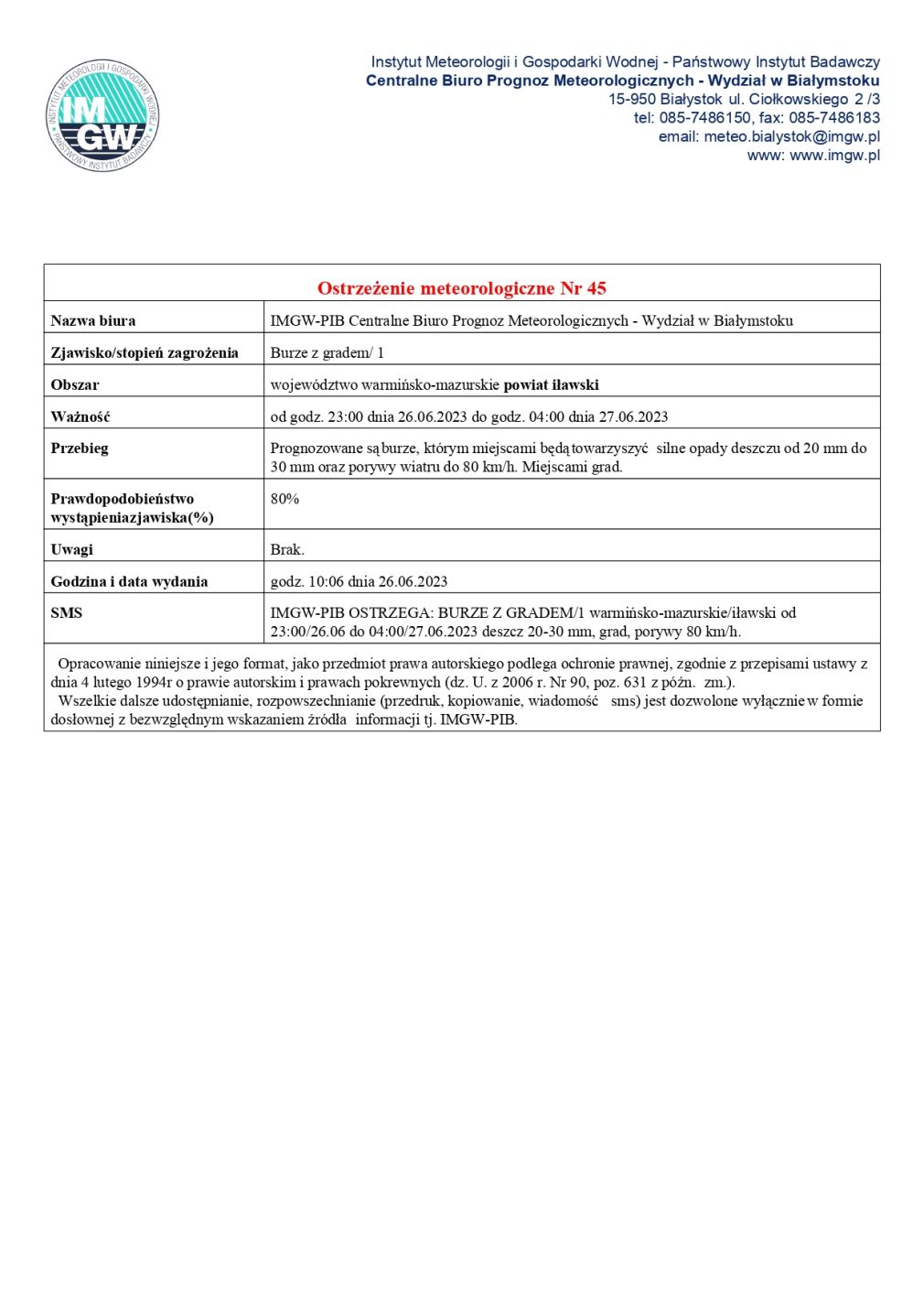 Ostrzeżenie meteorologiczne Nr 45