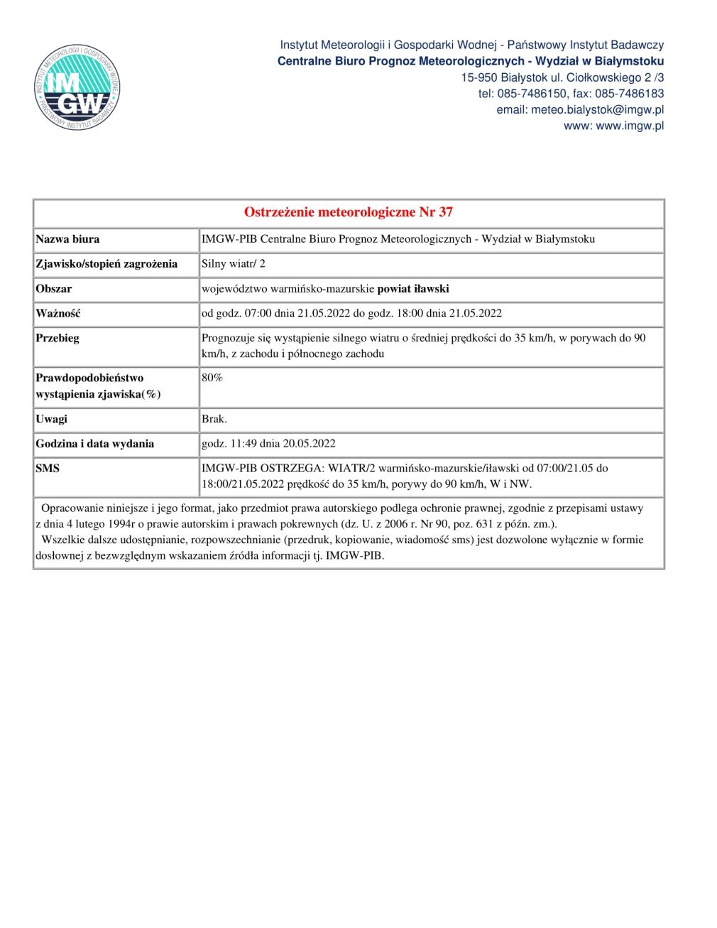 Ostrzeżenie meteorologiczne nr 37