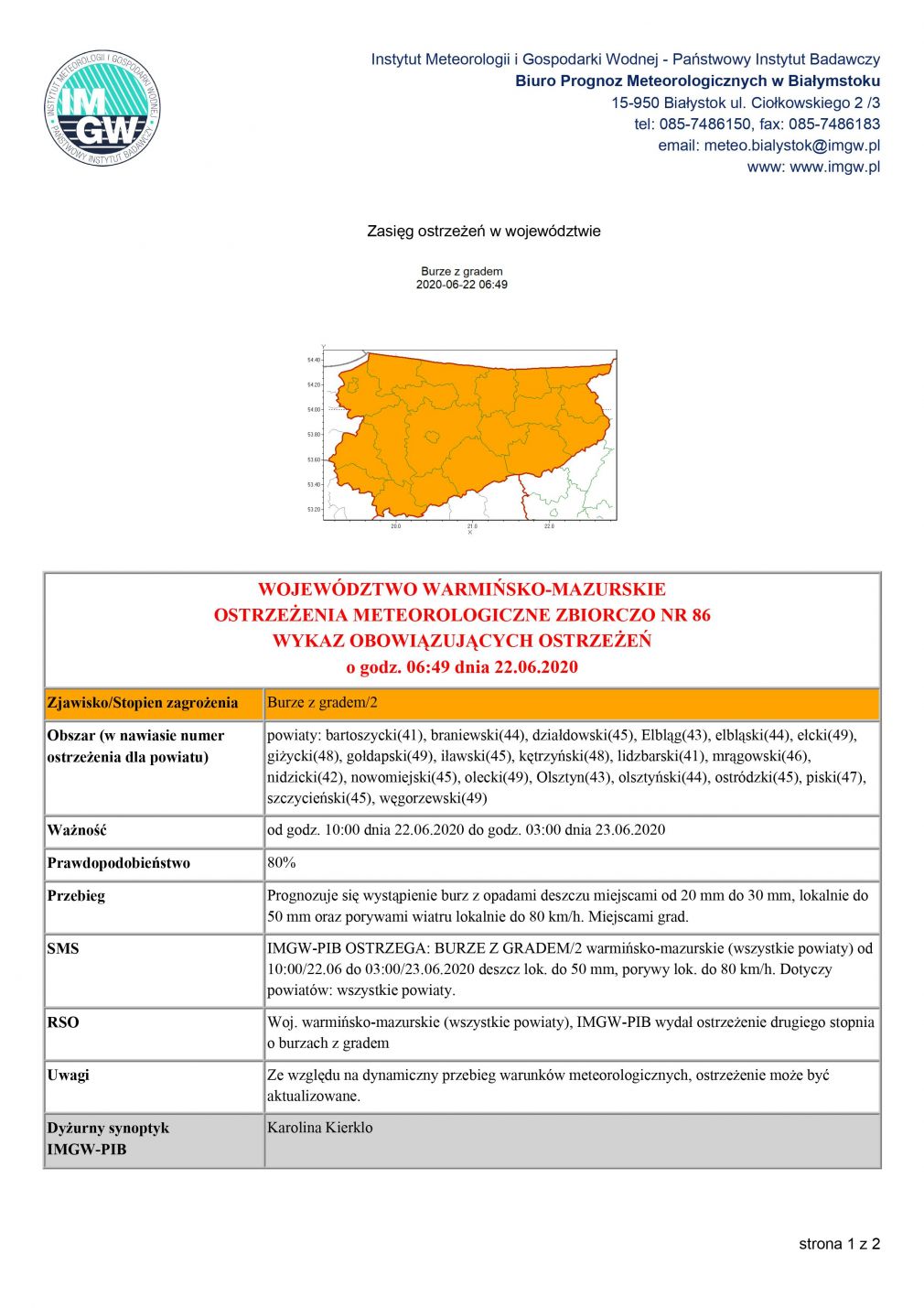 Ostrzeżenie meteorologiczne zbiorczo nr 86