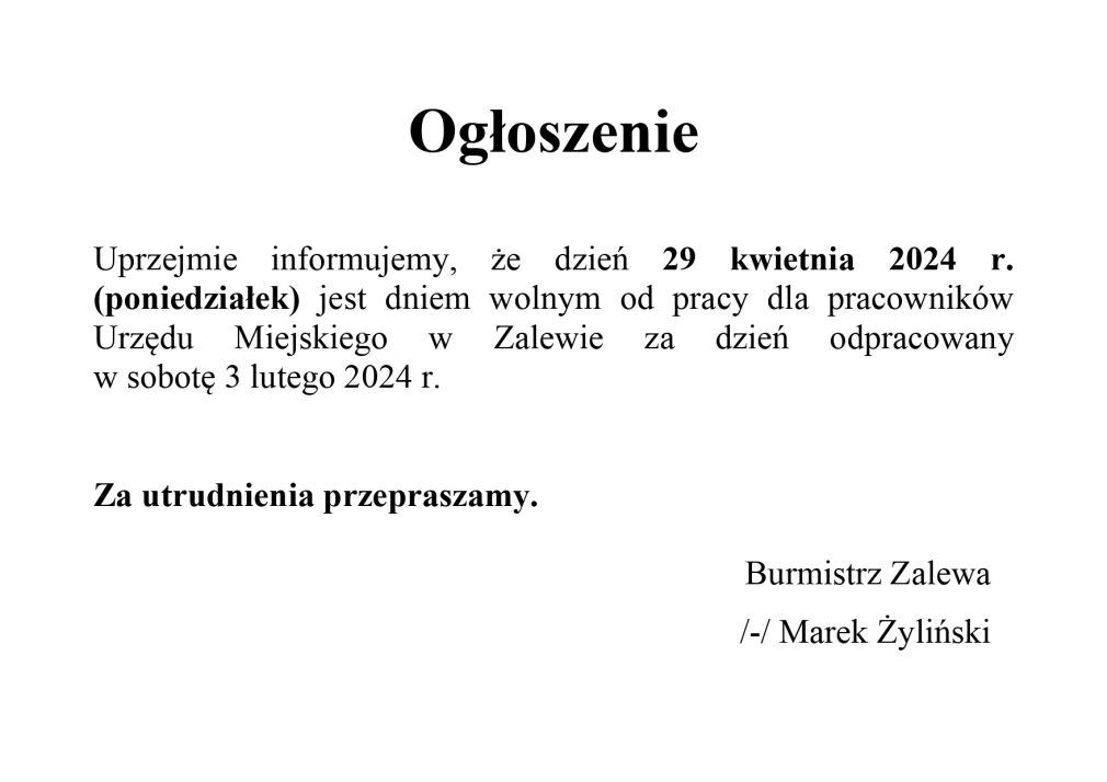 Ogłoszenie Burmistrza Zalewa