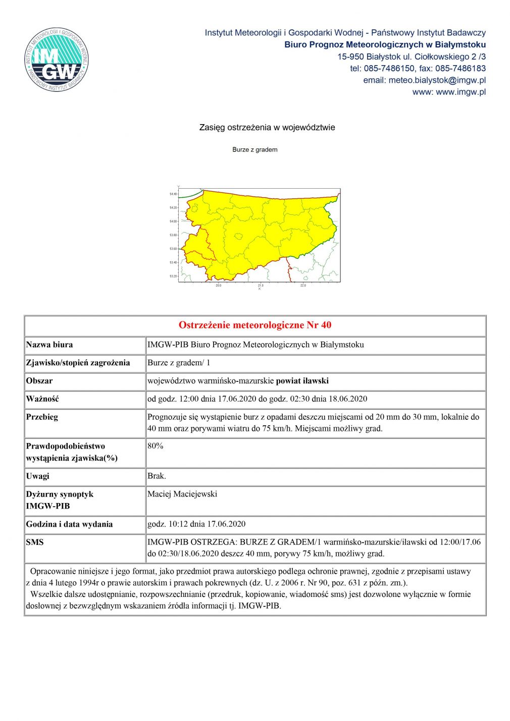 Ostrzeżenie meteorologiczne nr 40