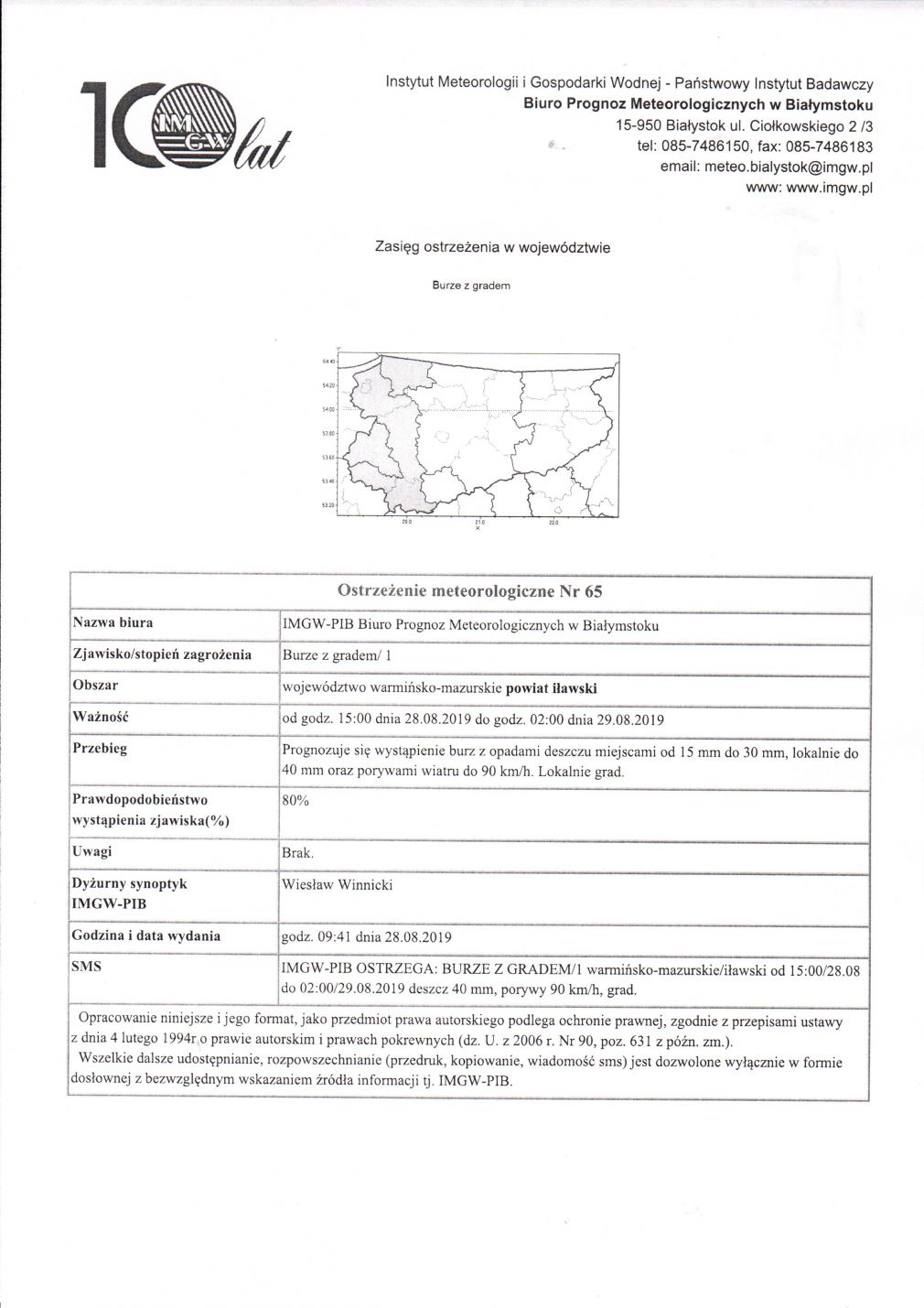 OSTRZEŻENIE METEOROLOGICZNE NR 65 z dnia 28.08.2019r.