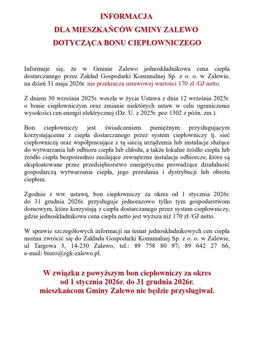 Informacja dotycząca bonu ciepłowniczego