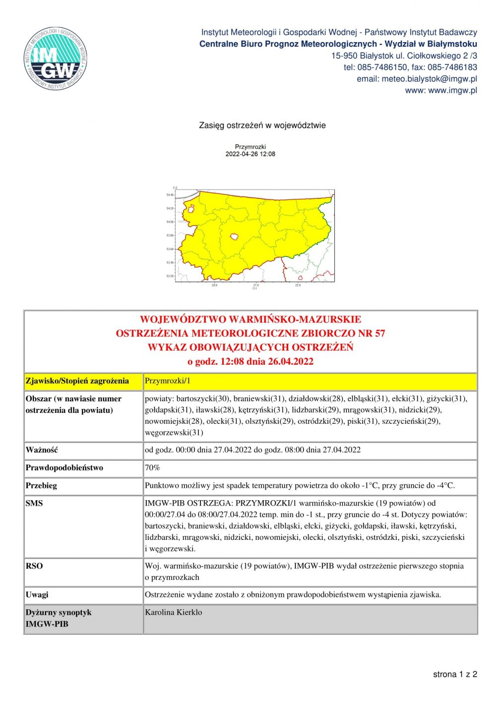 Ostrzeżenia meteorologiczne zbiorczo nr 57