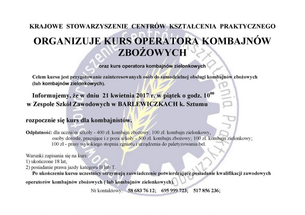 Kurs operatora kombajnów zbożowych